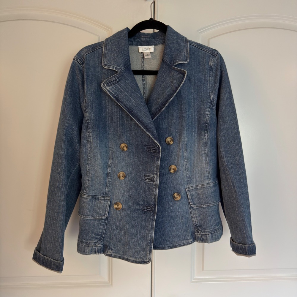 Ann Taylor LOFT Denim Blazer Double Breasted Blue Jean Jacket Medium Wash Sz 10
